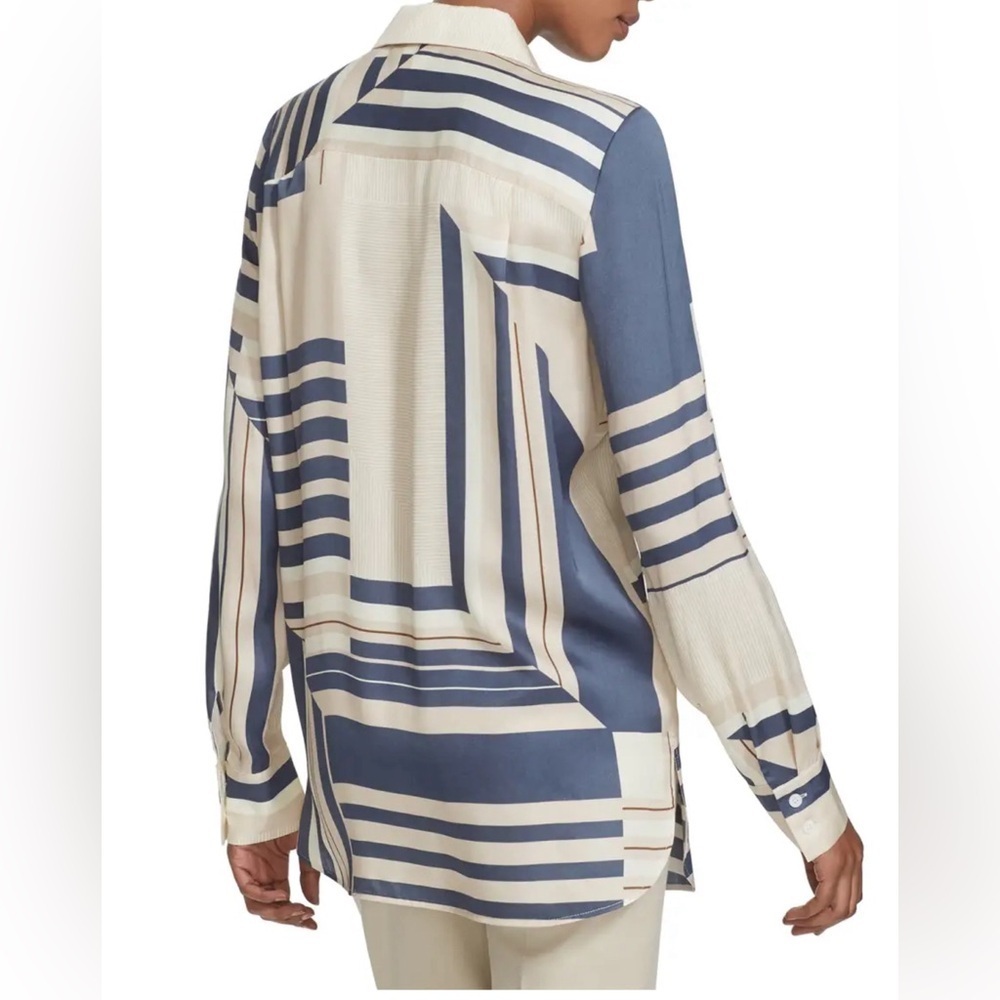 LAFAYETTE 148 NEW YORK Michelle Blue Cream Geometric Print Blouse Size Medium - Picture 2 of 10